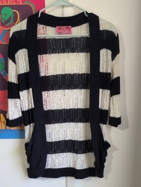 Striped Open-Front Knit Cardigan Sweater with Pockets - Navy & White